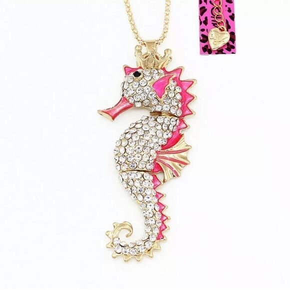 3D Enamel Crystal Crown Sea Horse Pendant Sweater Chain Necklace NWOT - Picture 1 of 2